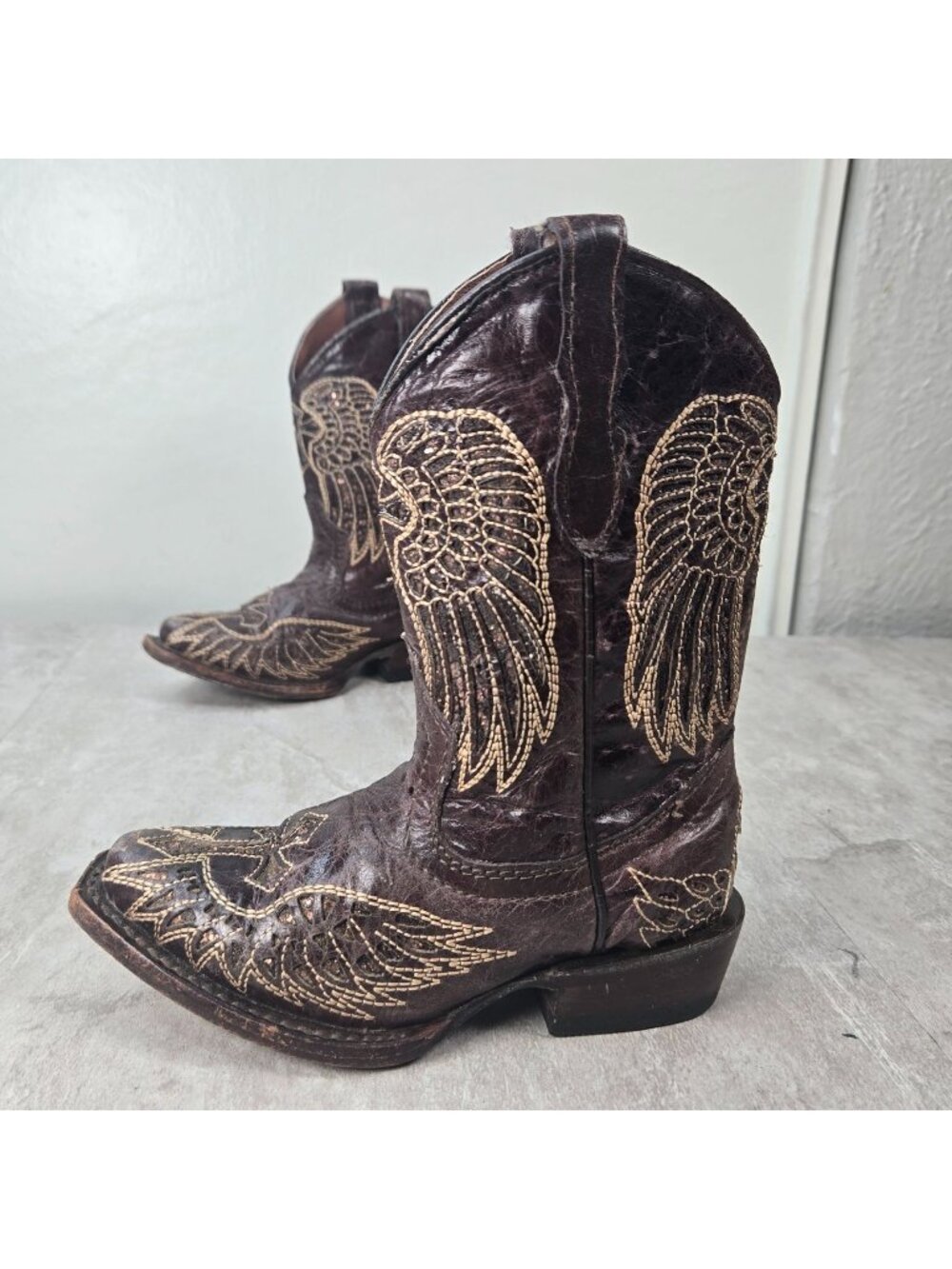 Western Boots Little Kids 9 Brown Leather Cross Wing Embroidered Cowgirl Booties